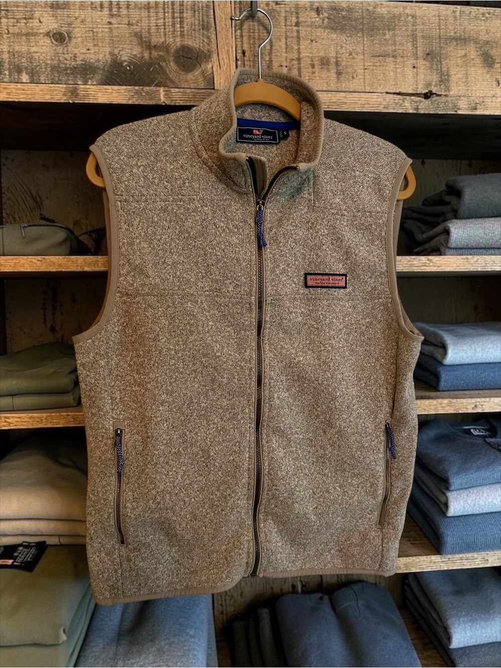 Vineyard Vines Men's Taupe Brown Fleece Zip Vest